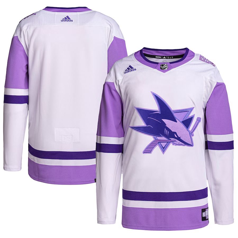 Men San Jose Sharks adidas White Purple Hockey Fights Cancer Primegreen Authentic Blank Practice NHL Jersey